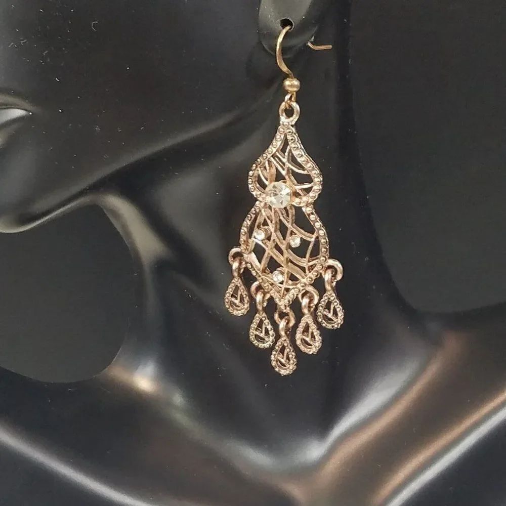 Filigree Earrings Teardrop Rhinestones In Gilded Brass Fashion Pierced
